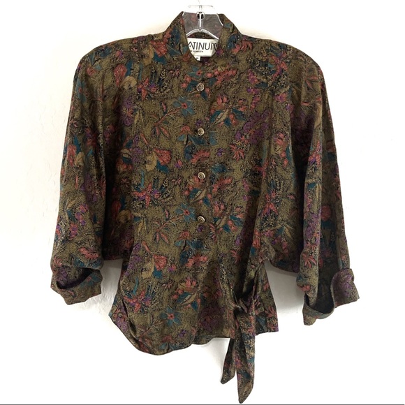 Vintage Tops - Vintage Mock Neck Batwing Side Tie Button Up Shirt